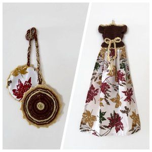 Crochet hanging dish towel, pot holder, fall gift set